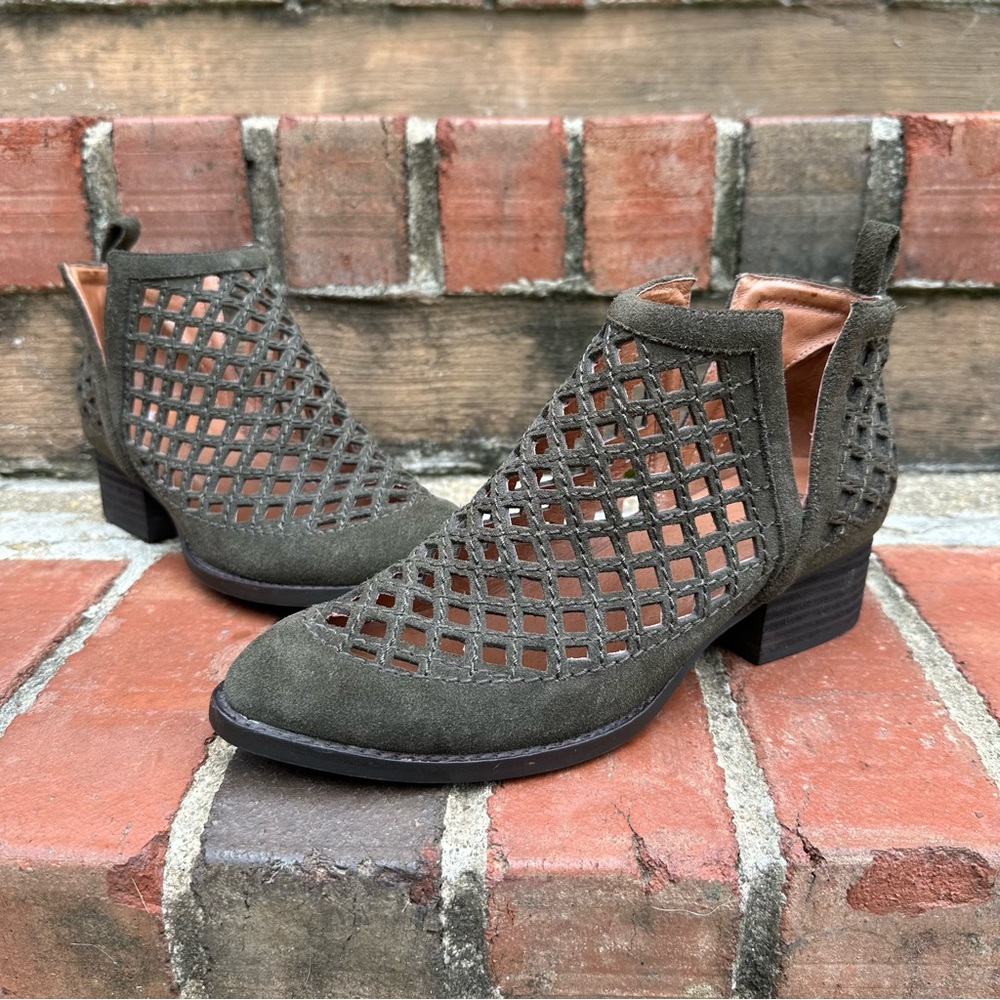 Jeffrey Campbell Taggart Dark Green Suede Perforated Cutout Heeled Ankle Booties